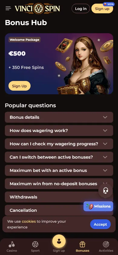 Vincispin Casino mobile promotions screen