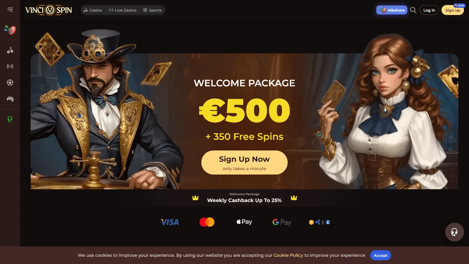 Vincispin Casino desktop home screen