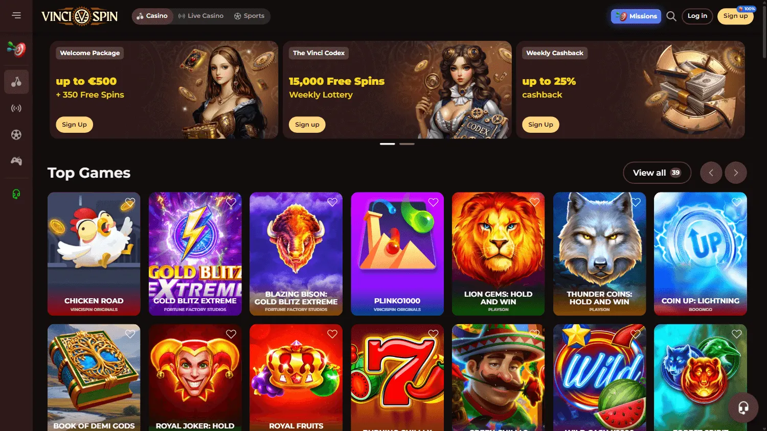 Vincispin Casino desktop promotions screen