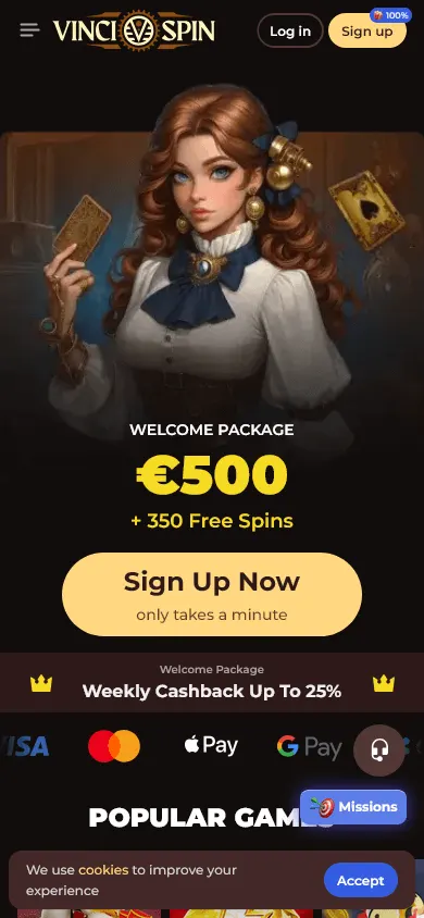 Vincispin Casino mobile home screen